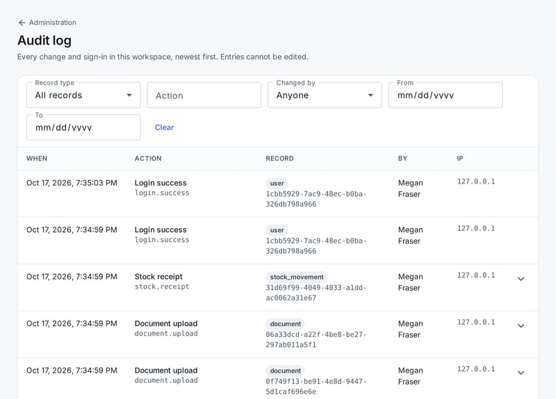 The audit log: time, action, record, who made the change and from which IP address.