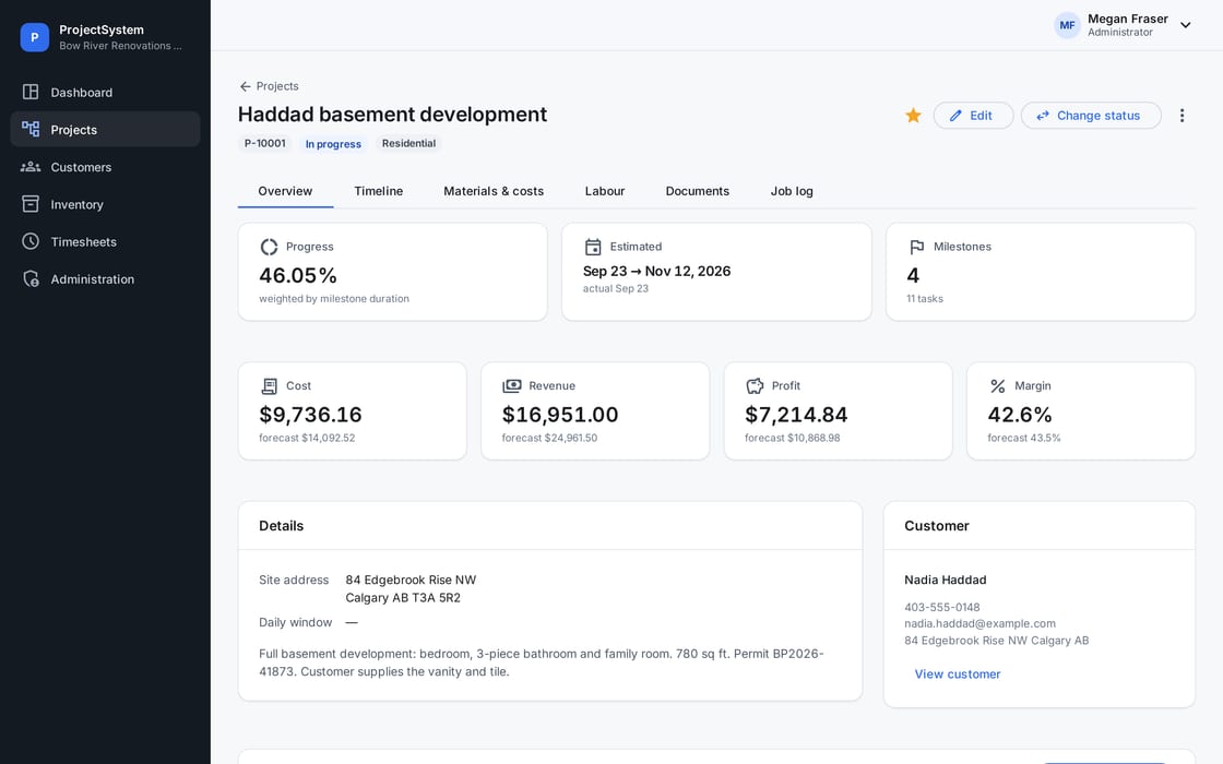 A project in ProjectSystem: progress, estimated dates, milestone count, and cost, revenue, profit and margin against forecast for a basement development.