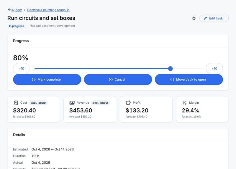 A task page showing progress and cost, revenue, profit and margin, each with its forecast.