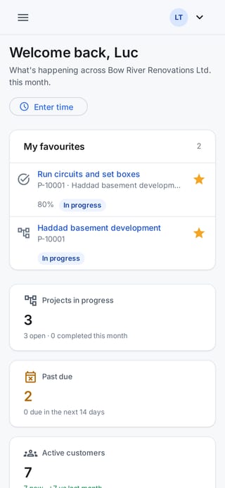 A field worker's dashboard on a phone with their starred task and project at the top.