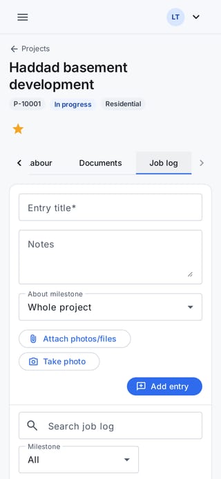 Job log entries on a phone, written from site.